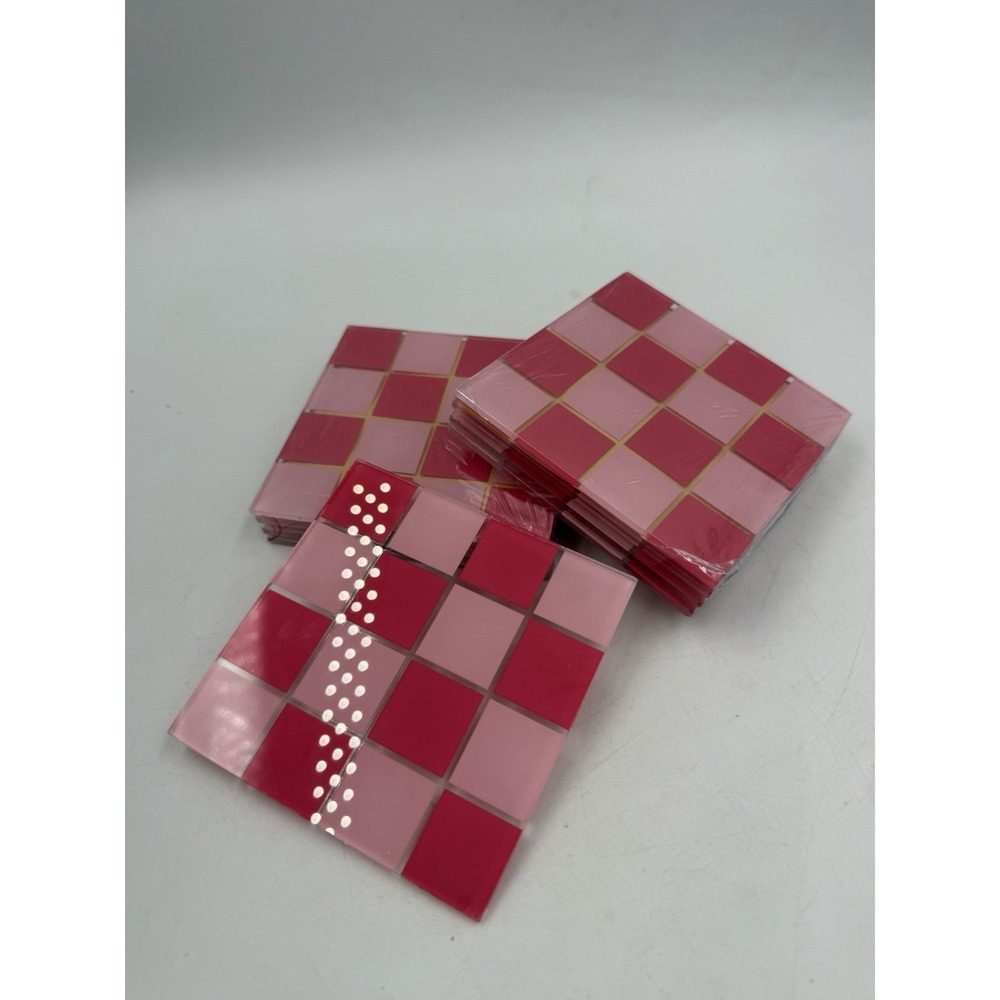 Lot Of 2 Sealed 8 Count Modern Pink Square Checkered Glass Coasters + 1 Extra